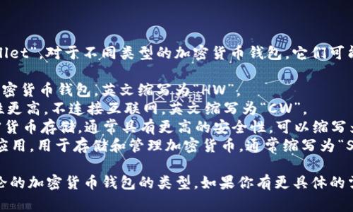 加密货币钱包的英文缩写通常是“钱包”一词的缩写形式，即“Wallet”。对于不同类型的加密货币钱包，它们可能有不同的缩写，以下是一些常见钱包类型及其对应的英文缩写：

1. **热钱包（Hot Wallet）**：通常用于频繁交易，随时在线的加密货币钱包。英文缩写为“HW”。
2. **冷钱包（Cold Wallet）**：用于长期存储，加密货币的安全性更高，不连接互联网。英文缩写为“CW”。
3. **硬件钱包（Hardware Wallet）**：一种专用设备，提供加密货币存储，通常具有更高的安全性。可以缩写为“HW”。
4. **软件钱包（Software Wallet）**：安装在电脑或手机上的应用，用于存储和管理加密货币。通常缩写为“SW”。

在不同的上下文中，可能会使用不同的缩写，具体取决于你所讨论的加密货币钱包的类型。如果你有更具体的需求或使用场景，请告诉我。